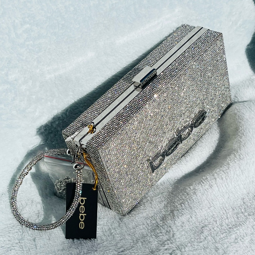 Bebe Crystal Rhinestone Purse/ Clutch w/ detachable chain & wristlet strap. NWT